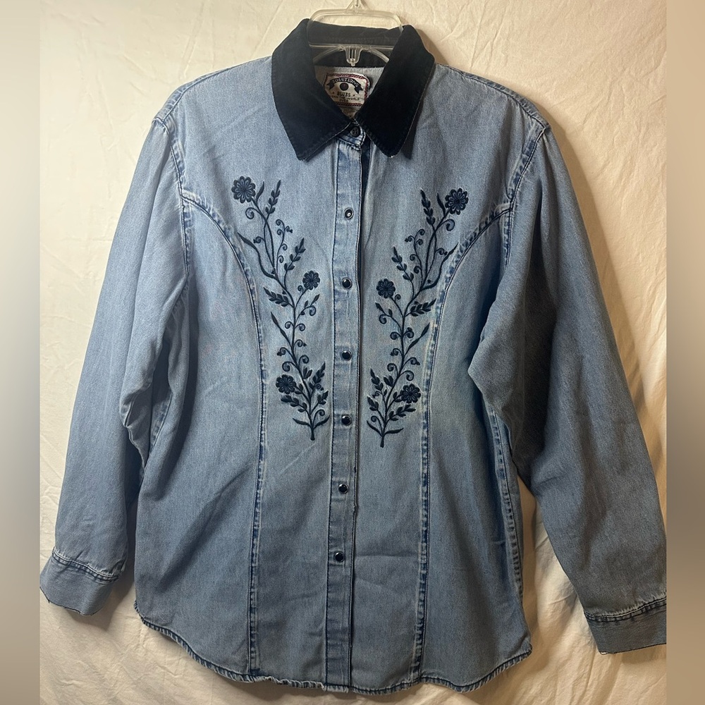 Solutions Blues Embroidered Denim Shirt Western Floral Snap Large